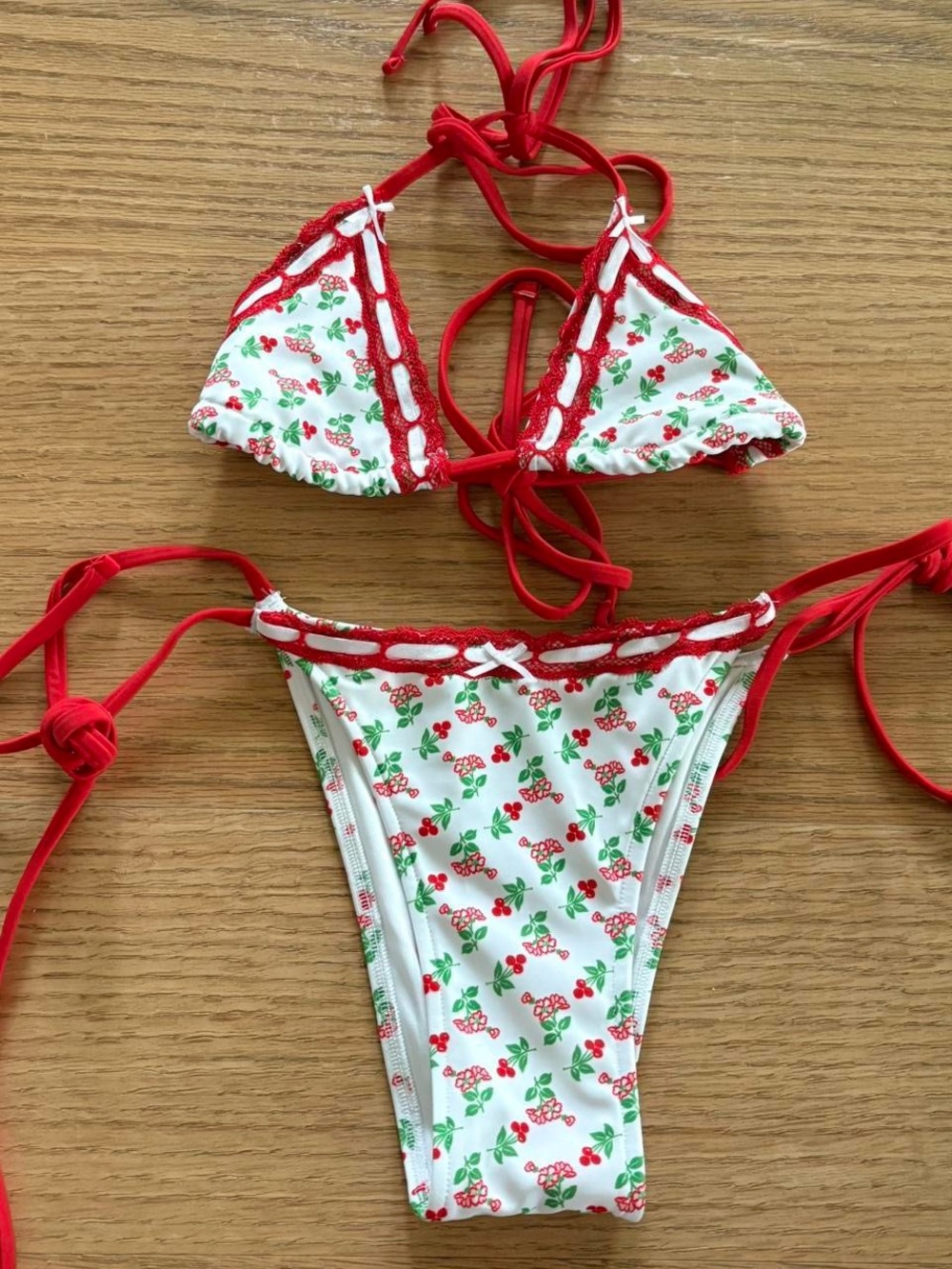 Frankie's Bikinis White Red Cherry Print Triangle Bikini